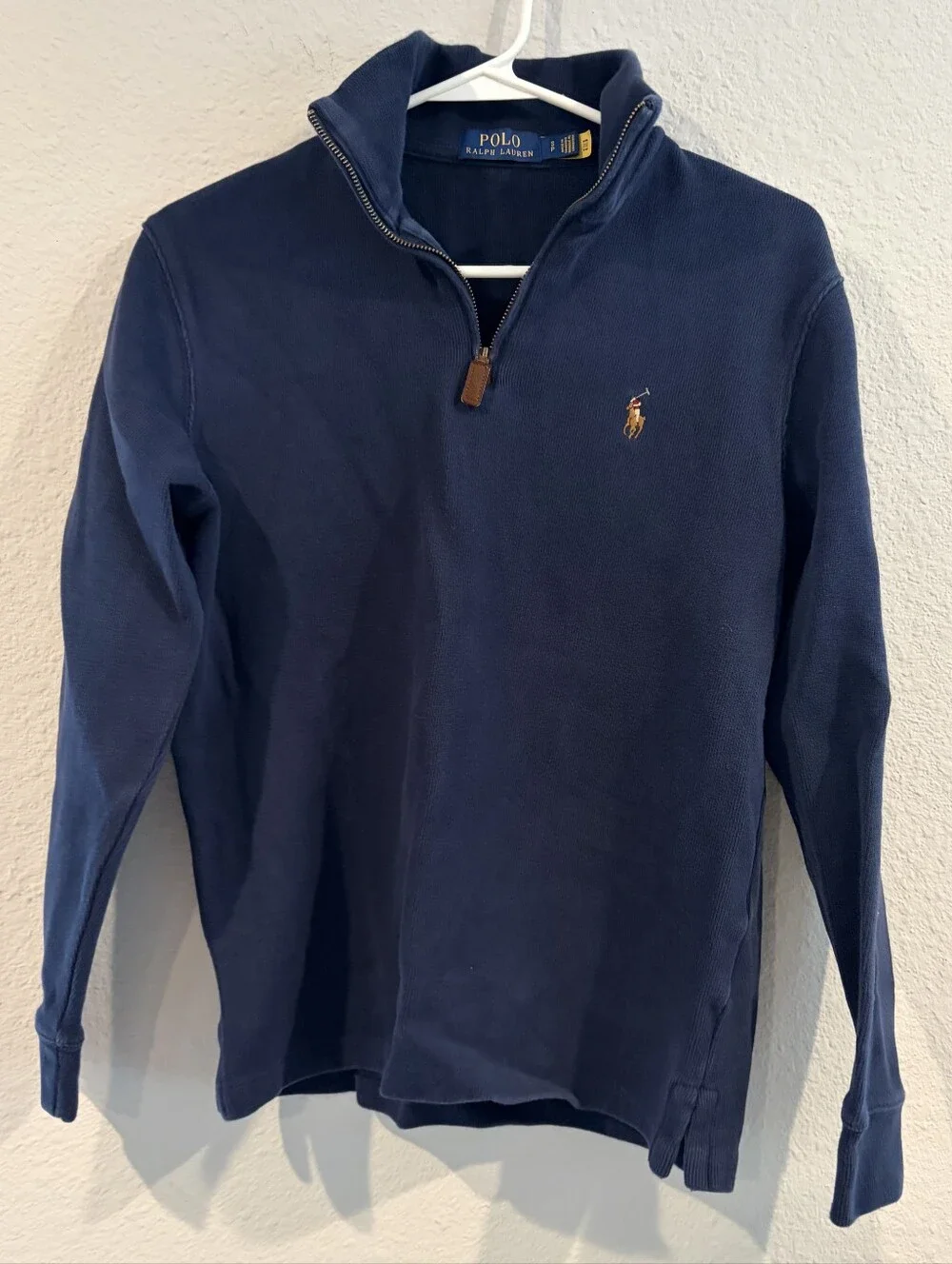 Polo Ralph Lauren Mens Classic Navy Blue Brown Pony 1/4 Zip Sweater Size Small